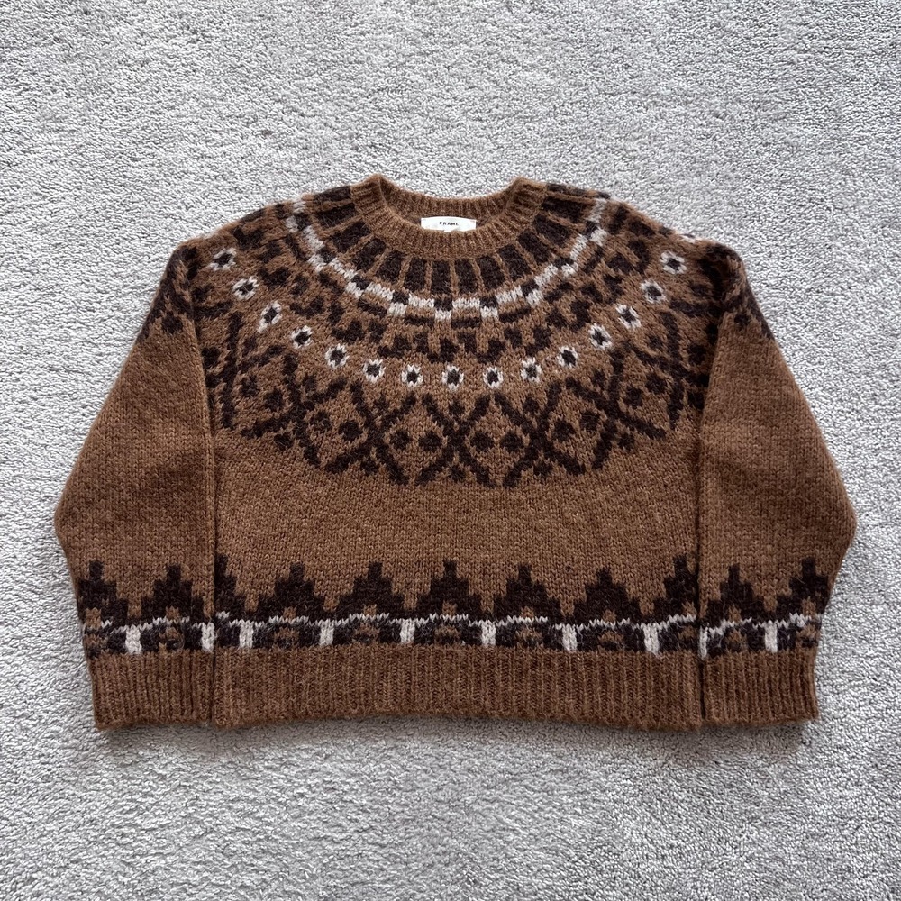 FRAME Fair Isle Camel Multi Knit Pullover Sweater Womens L Brown Alpaca Blend
